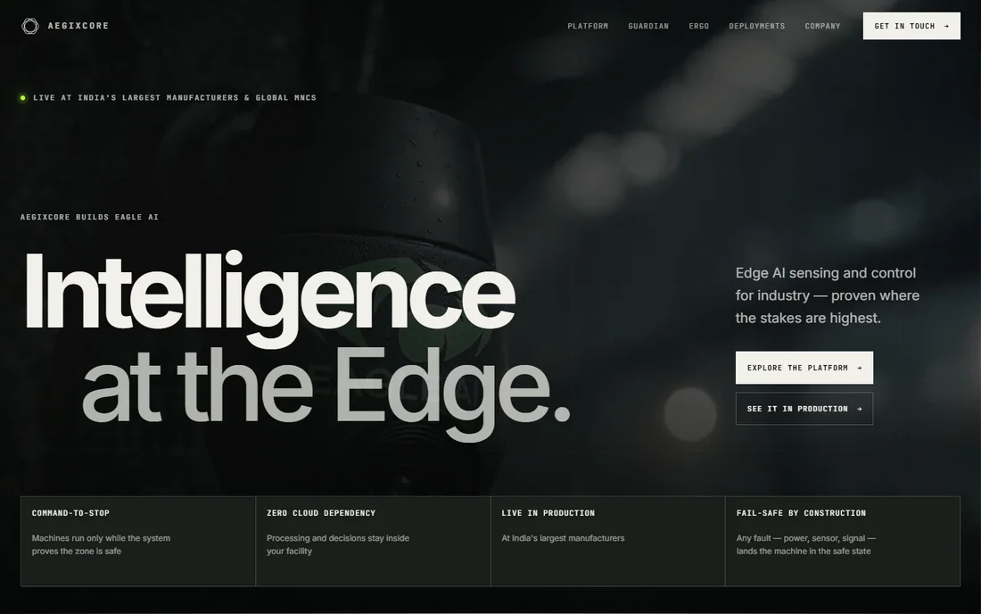 AegixCore website introducing edge AI sensing and control for industry