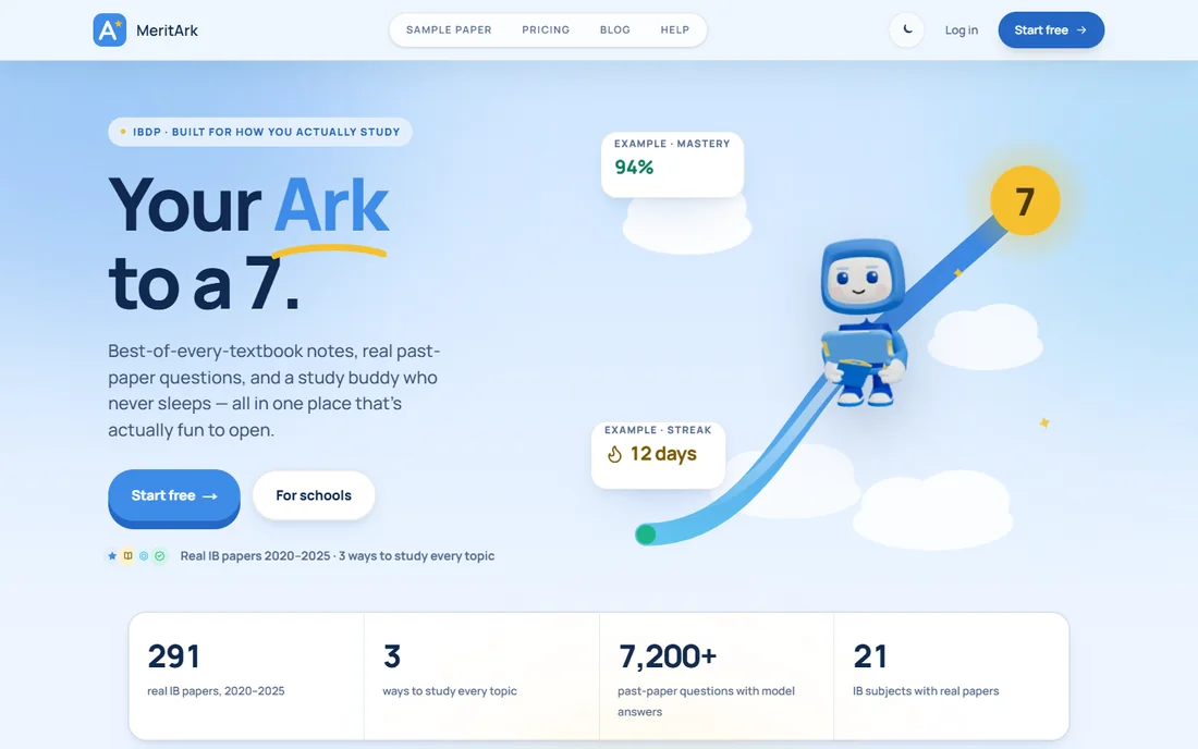 MeritArk website introducing IB notes, past papers and an AI study buddy