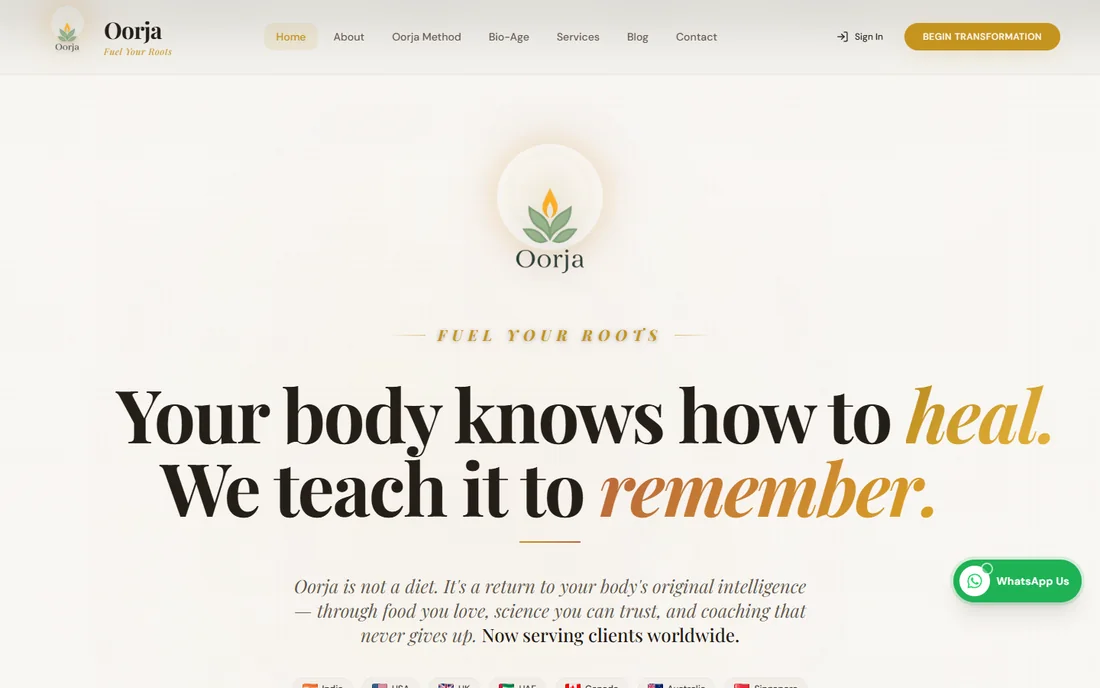 Oorja website introducing root-cause nutrition coaching