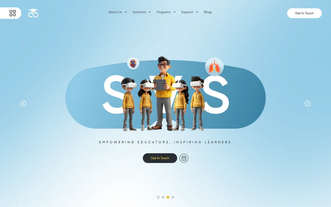SchoolVR website showing a teacher and students using VR headsets